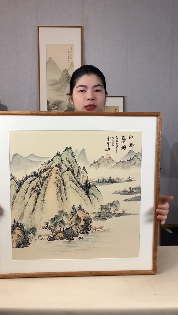 国画手绘*江柳春烟*62*62cm发黑胡桃色框*介意勿拍
