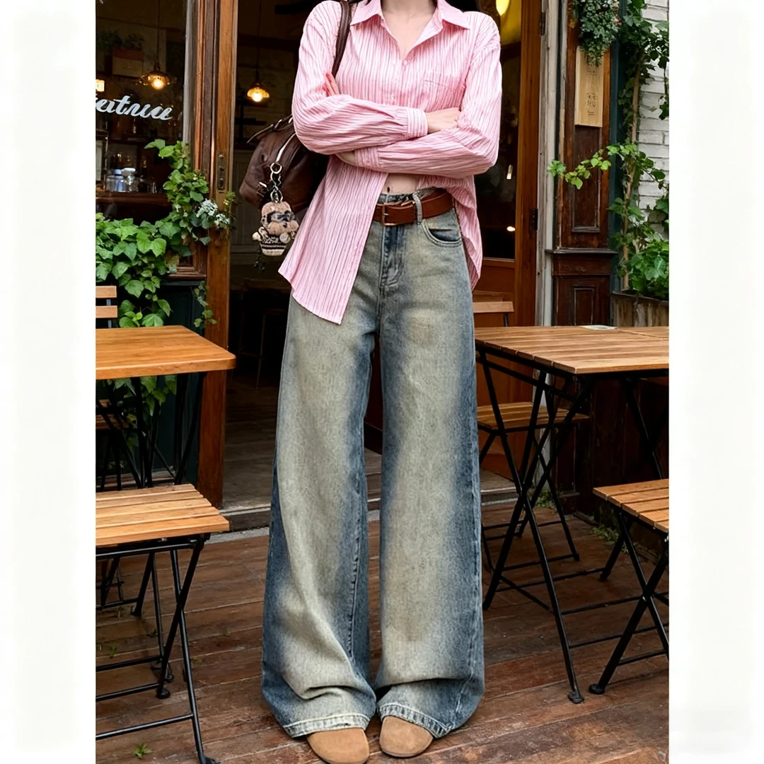 【送腰带】做旧晕染撞色阔腿牛仔裤女2025秋季宽松显瘦垂感脏脏长裤