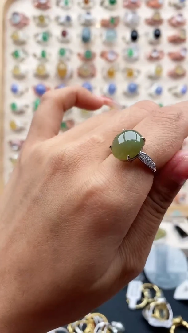 【闪购商品】翡翠戒指银S925镶嵌缅甸天然A货翡翠222   7-10