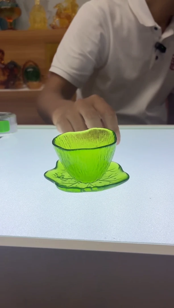 琉璃手工艺品古法琉璃茶杯+茶蝶绿色