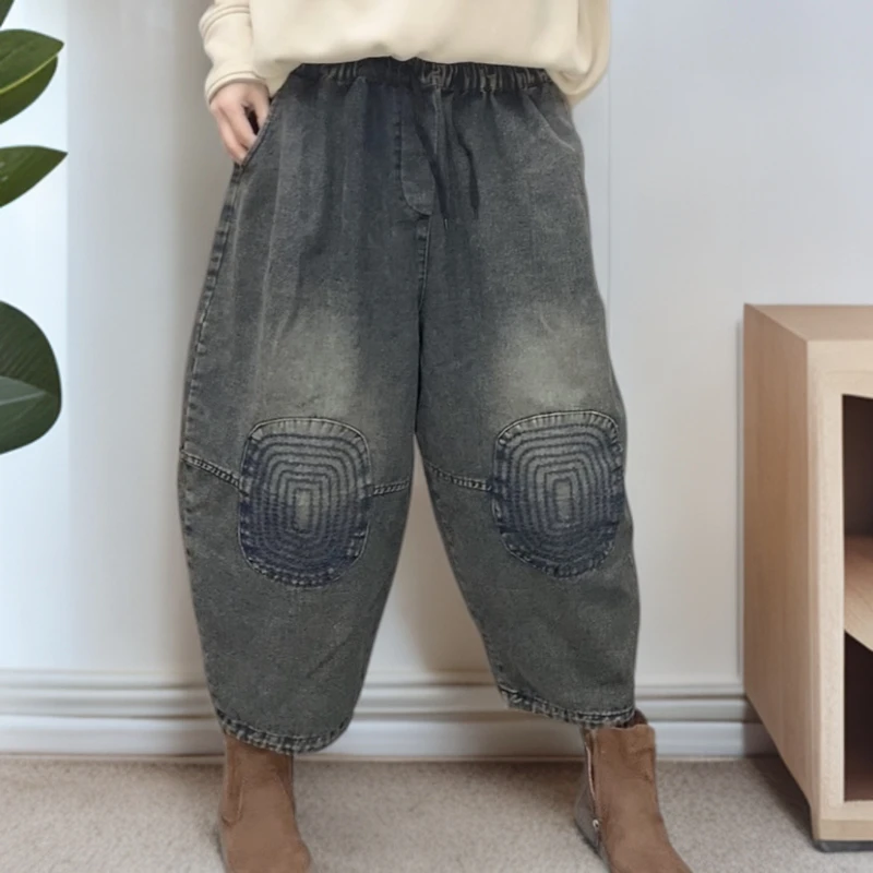 【云吖】秋季复古休闲炒色宽松裤腿绣线水洗牛仔老爹裤（裤长88）
