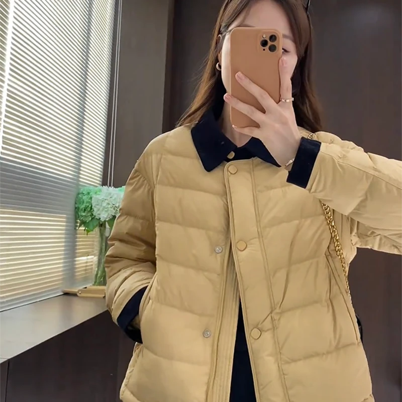 拼接翻领羽绒服2025冬季新款撞色女休闲保暖加厚款白鸭绒短款外套