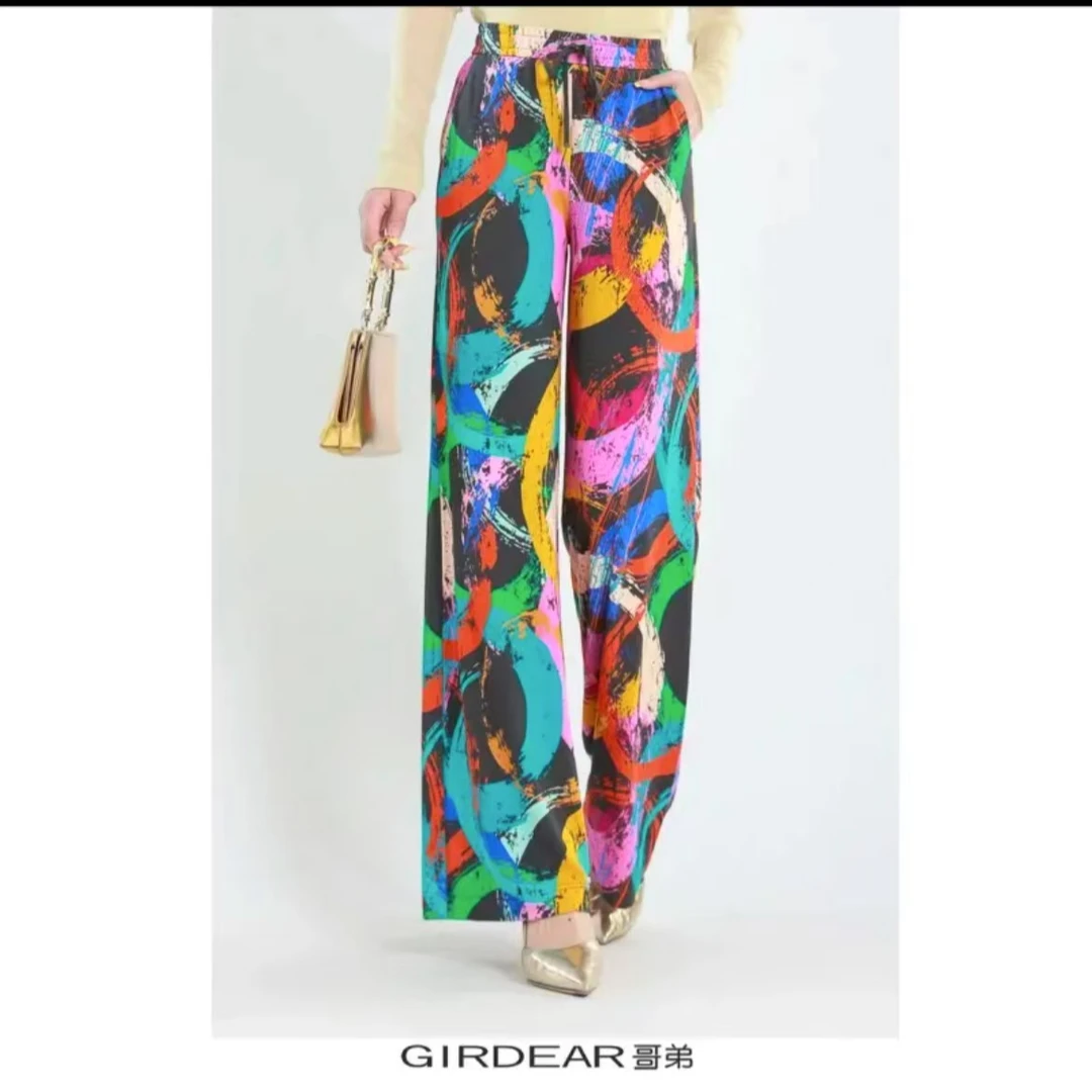 哥弟时尚休闲百搭高腰质感舒适宽松松紧腰印花垂感直筒裤1100408