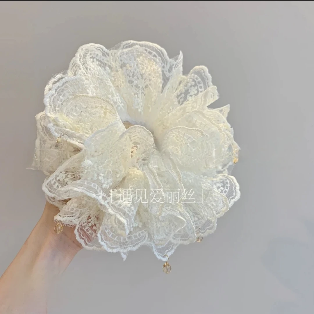 「遇见爱丽丝」手工蕾丝多层花朵优雅刺绣发圈网红同款百搭肠圈头饰