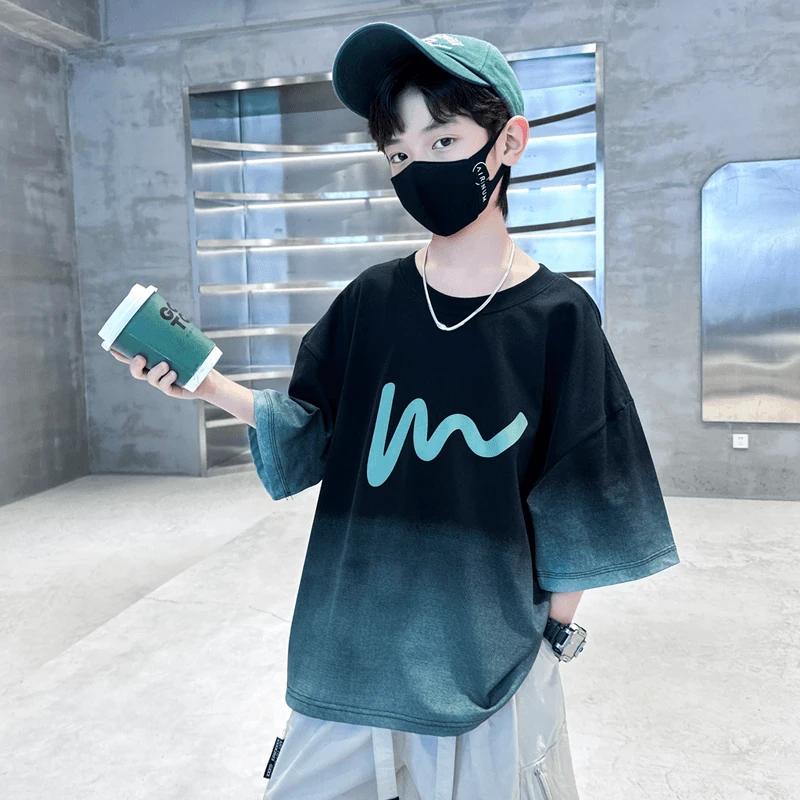 男童夏装短袖T恤2025新款大儿童夏季半袖帅气夏款渐变上衣潮流T