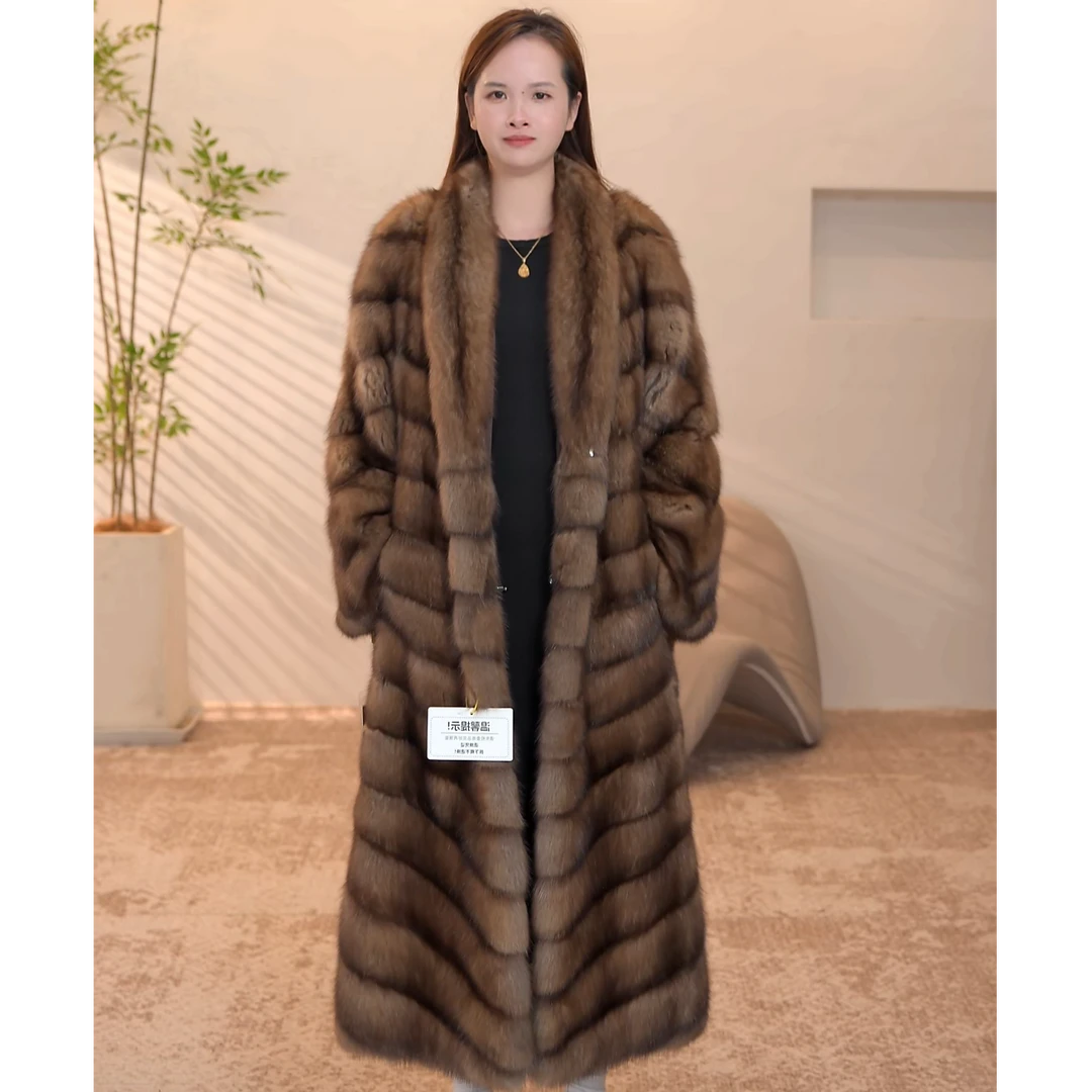 【华丽园】俄罗斯貂貂长款青果领气质保暖进口水貂外套奢华横排大衣