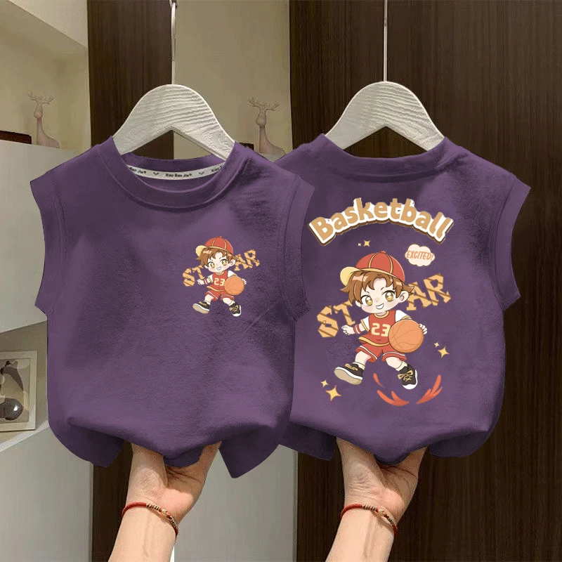 100%纯棉男童篮球背心T恤夏季新款儿童宝宝潮流卡通无袖上衣外穿t
