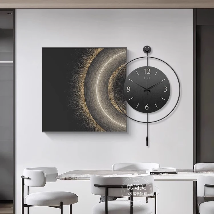 2025新款餐厅挂画高级感现代简约黑白抽象艺术厨房装饰画壁画挂钟