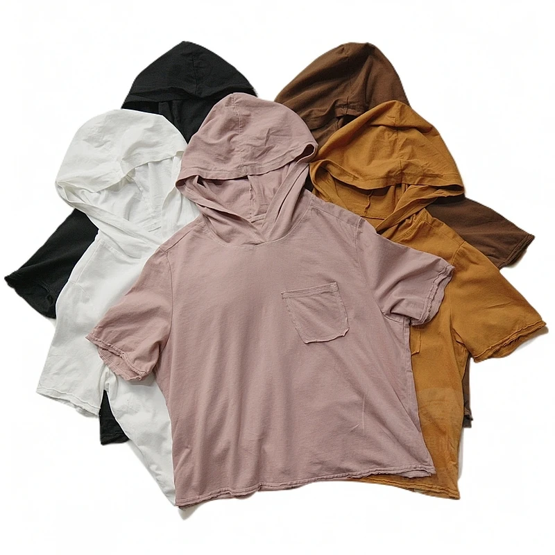 009女士吸汗宽松百搭复古纯棉短袖T恤连帽插肩袖简约韩版纯色上衣