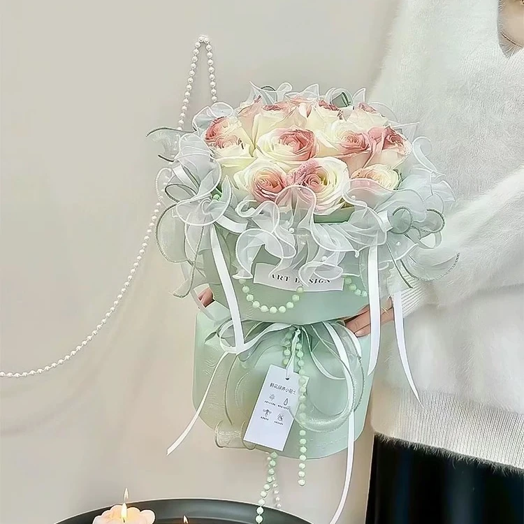 珍珠花束围边纱包装纸丝带欧根纱小香风包边纱鲜花包装材料