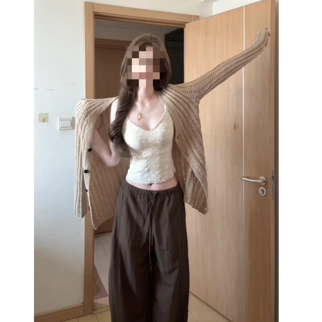 纯欲性感吊带内搭早秋慵懒针织开衫女休闲百搭显瘦阔腿长裤三件套