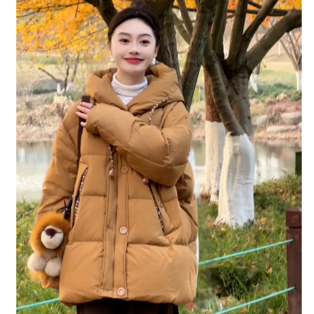 “冬日摩登”加厚连帽羽绒服女冬新款韩版时尚气质显瘦白鸭绒格子