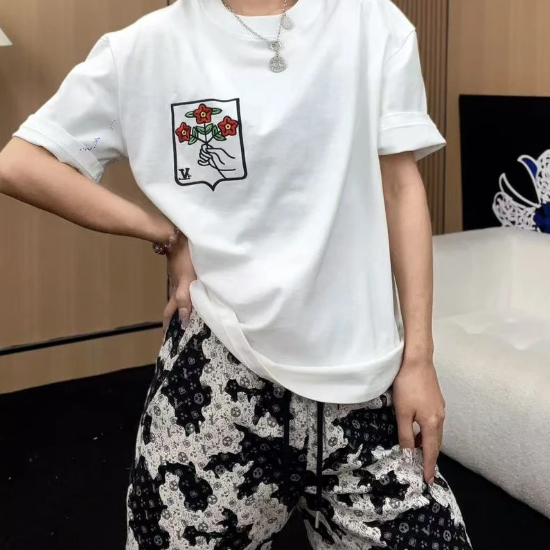 2025新款刺绣小花休闲百搭短袖T恤男女潮牌小清新上衣