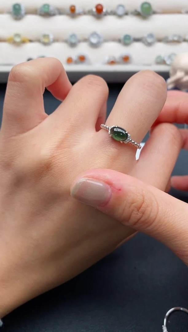银S925镶嵌戒指翡翠缅甸天然A货翡翠22  2-6