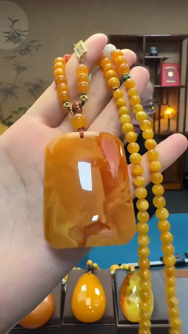 琥珀吊坠(赠链)未镶嵌天然保真蜜蜡牡方牌套装