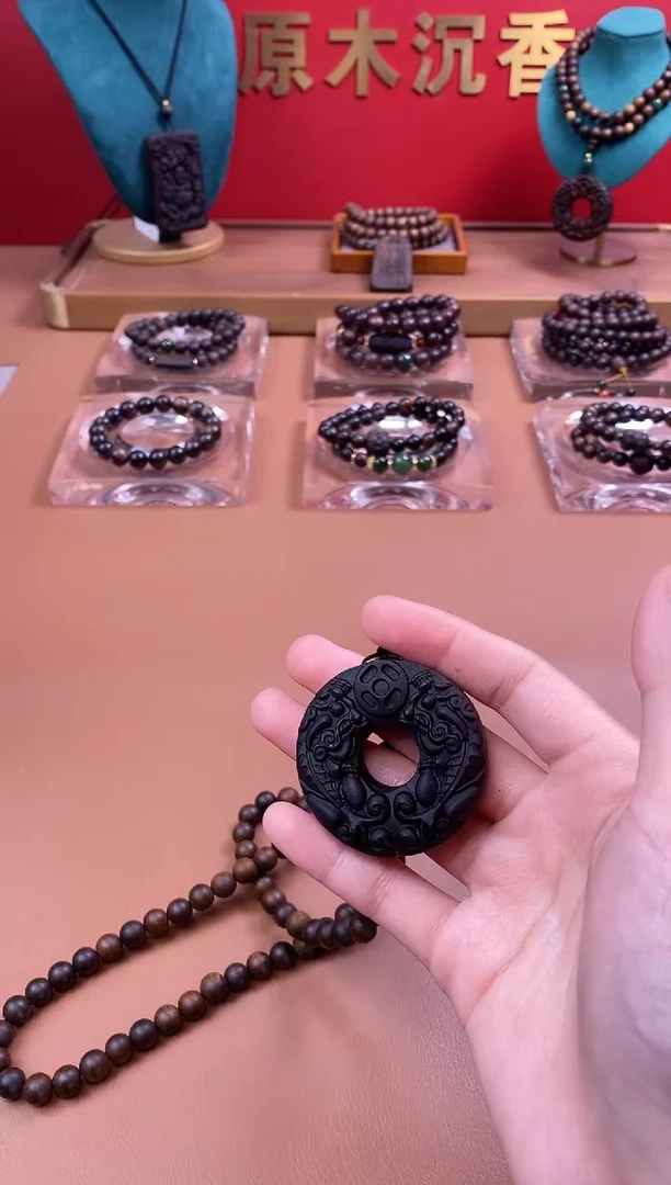 【闪购商品】沉香手串沉水紫棋08三圈+白棋沉香木雕貔貅环
