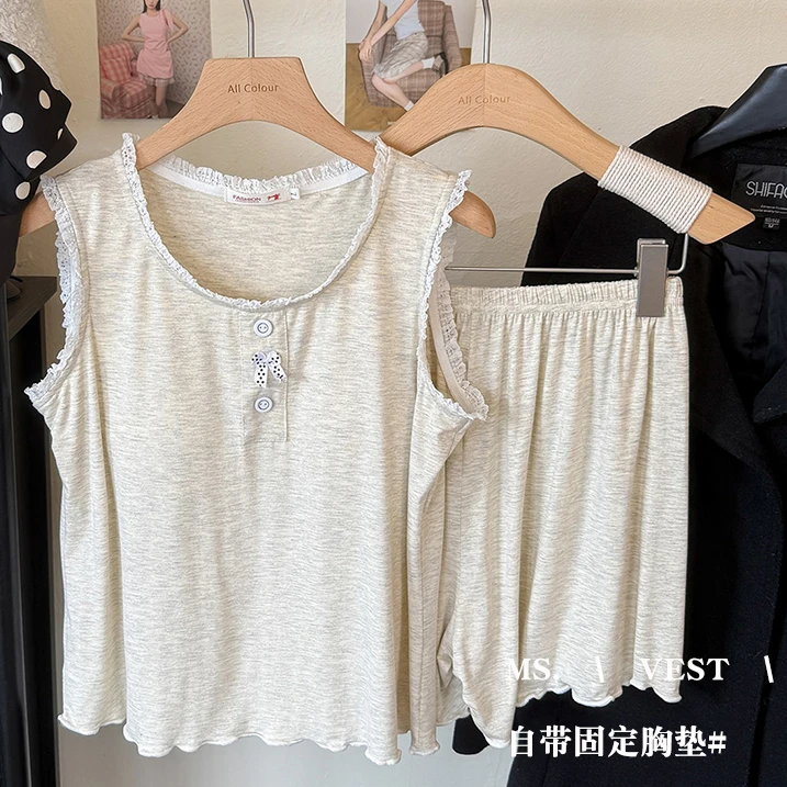 睡衣女款夏季女士带胸垫背心短裤清新莫代尔宽松适合居家穿着套装