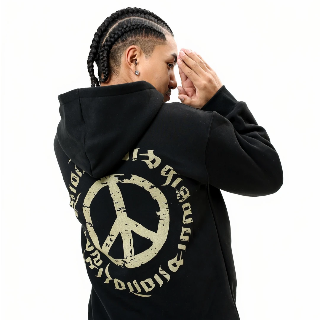 Lanameba和平藏文标识黑色连帽冬季加绒帽衫  情侣休闲宽松加厚