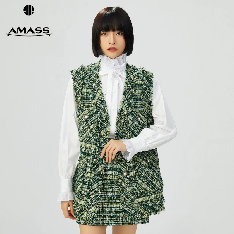 阿玛施AMASS新款女装气质通勤百搭小香风花呢宽松马甲外套5400310