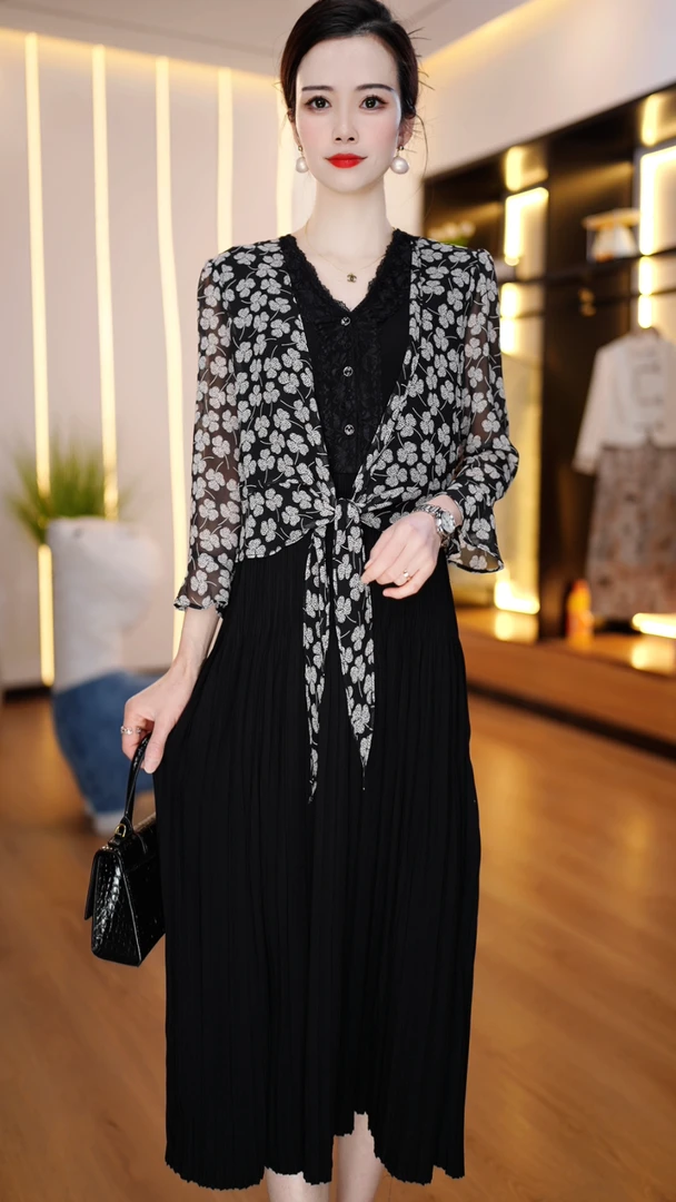 2025春季新款轻奢高级感气质妈妈连衣裙女遮肚显瘦假两件碎花裙子