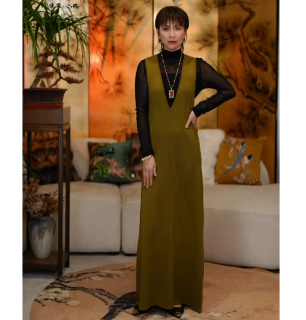 【k】休闲百搭气质双色V领针织连衣裙KX6524102315~裙长127起