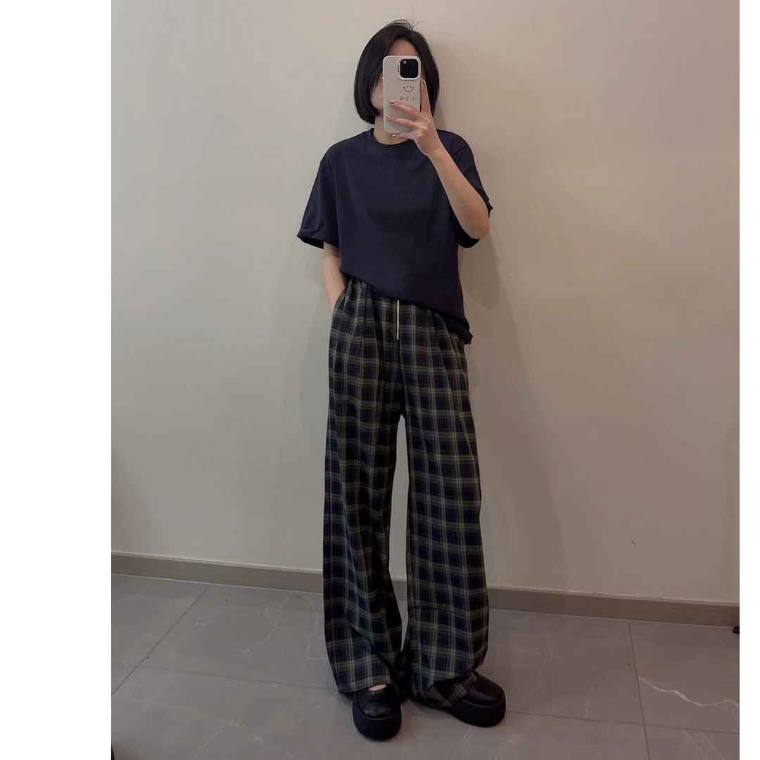 6819小CC时尚穿搭2025新款抽绳松紧腰格子设计款休闲裤