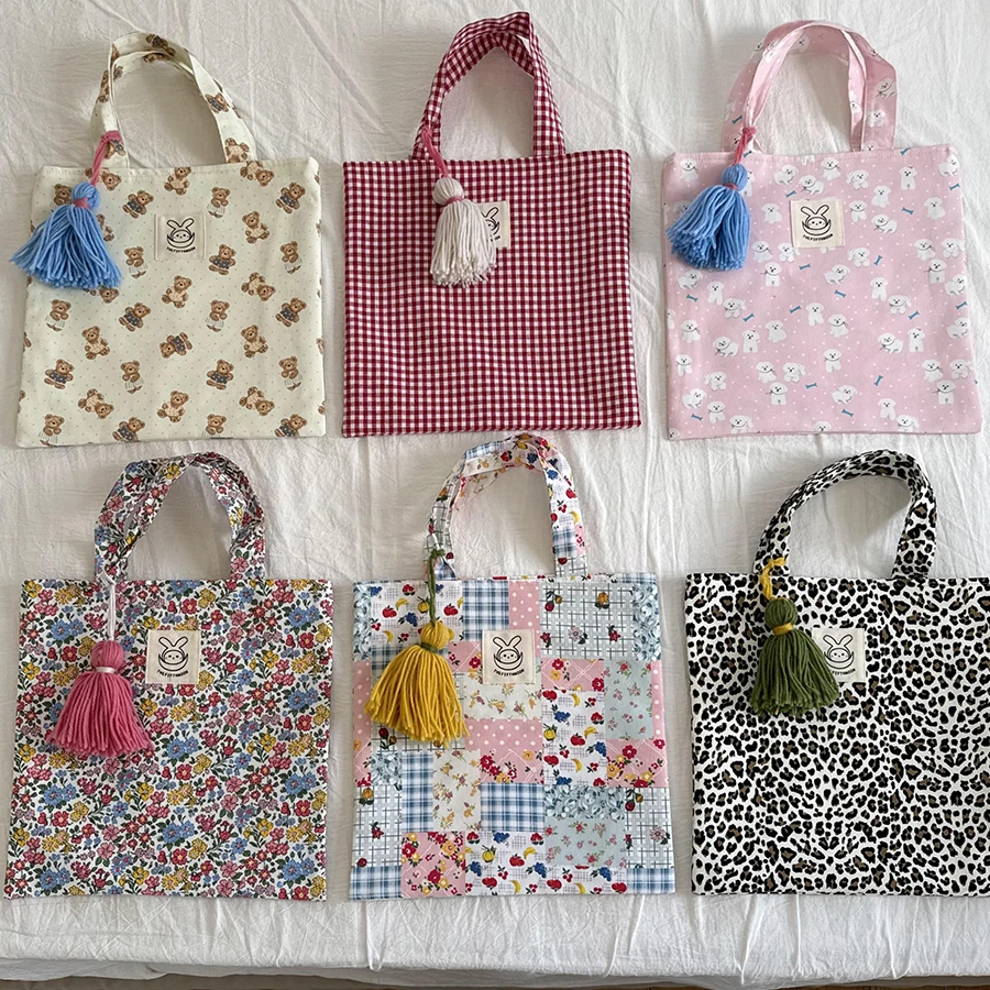 thefifthmoon原创可爱红格小熊清新碎花水果甜美豹纹流苏手提袋
