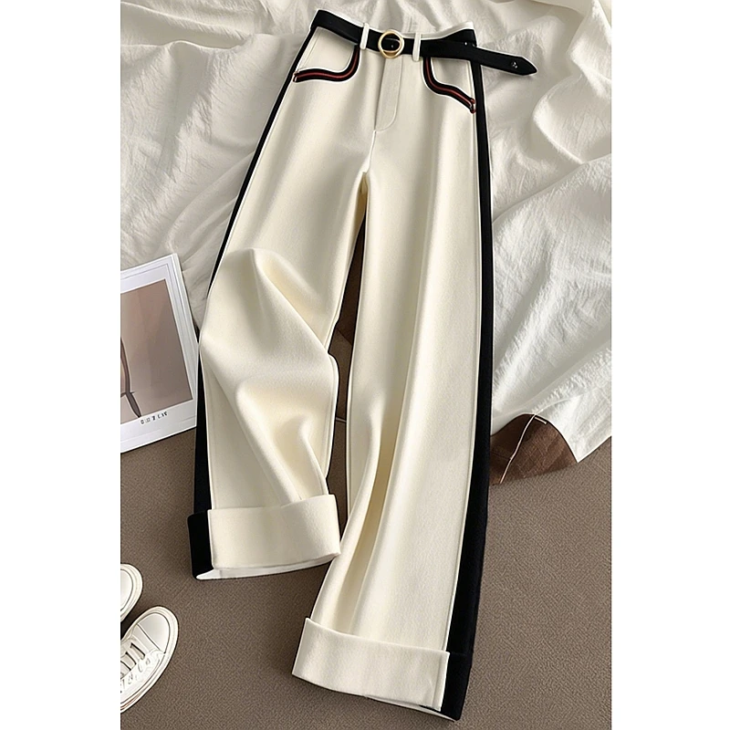 2025冬季新款独特别致洋气时髦高级感高腰白色撞色拼接直筒阔腿裤