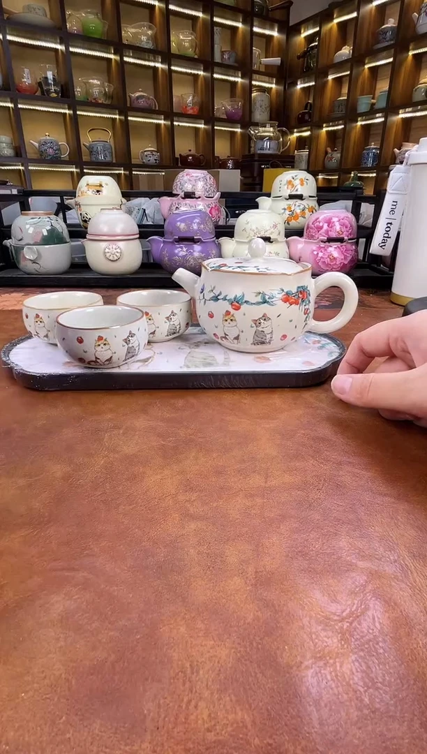 .猫咪花口壶1壶3杯+猫咪盘