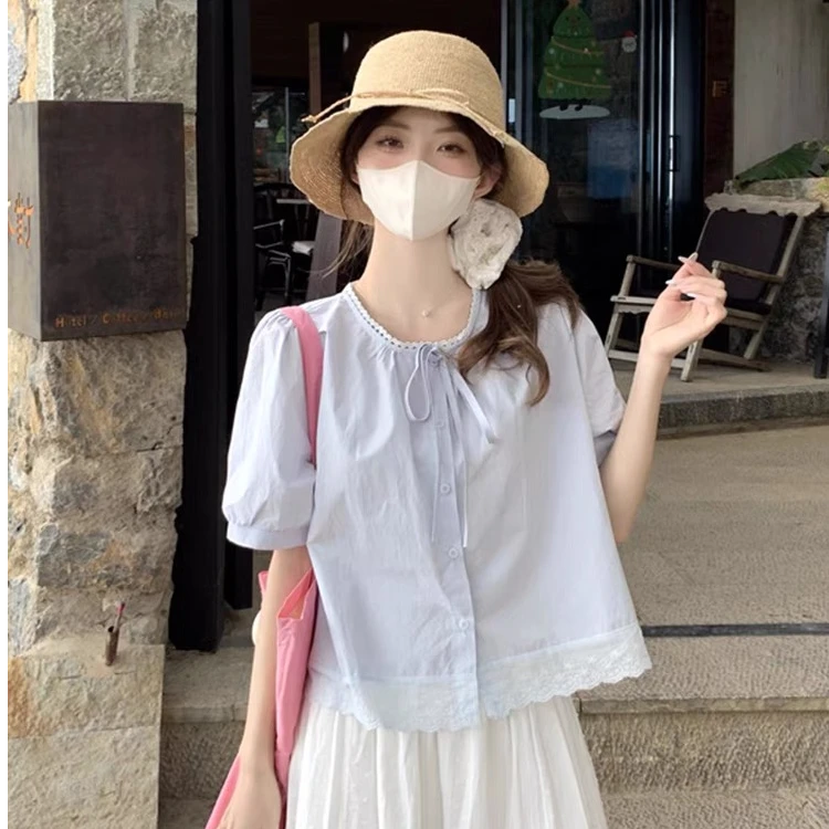 编号对应衣服 法式蕾丝系带短款女夏季娃娃衫短袖小个子甜美上衣