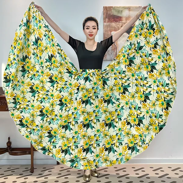 A《‌‌‌葵语清风‌》绉花丝印满铺花长款全松紧腰大摆半身裙带衬裙