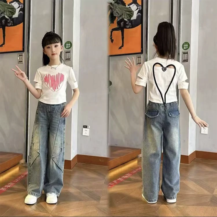 韩版夏季款女童短袖背后镂空爱心洋气时髦中大童