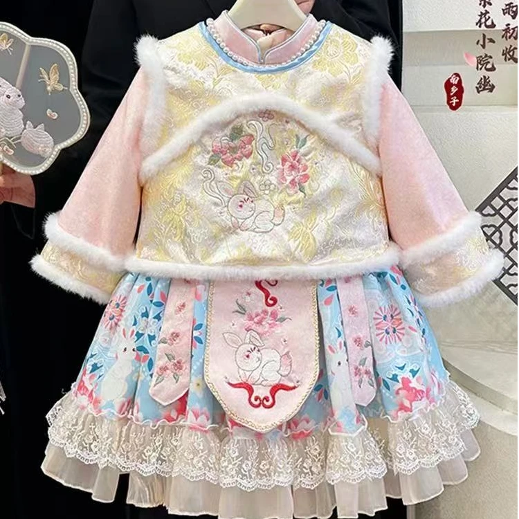 【人面桃花】儿童秋冬装新款宝宝公主裙冬季加绒两件套