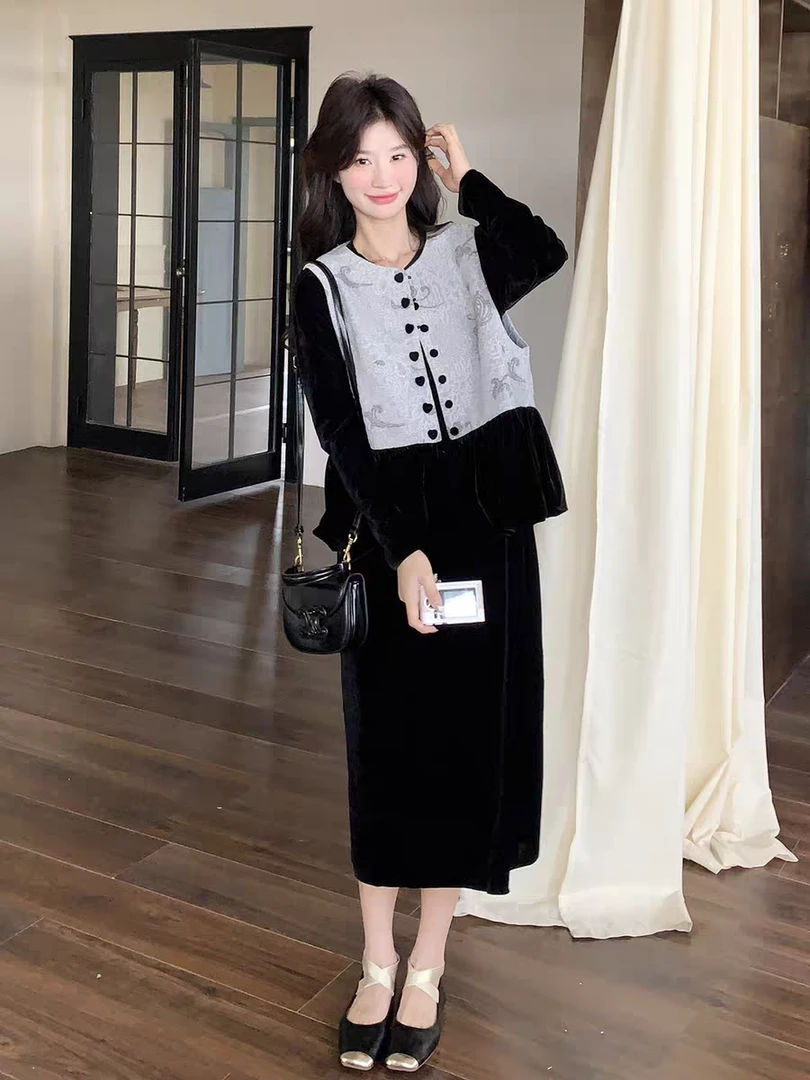 Miss Huo 国风印花马甲连衣裙两件套 A灰色 2F122