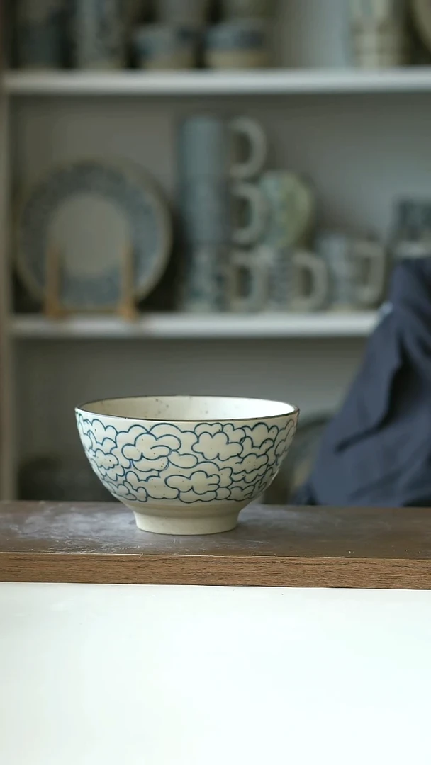 粗陶手绘云朵米饭碗12cm@4-2@