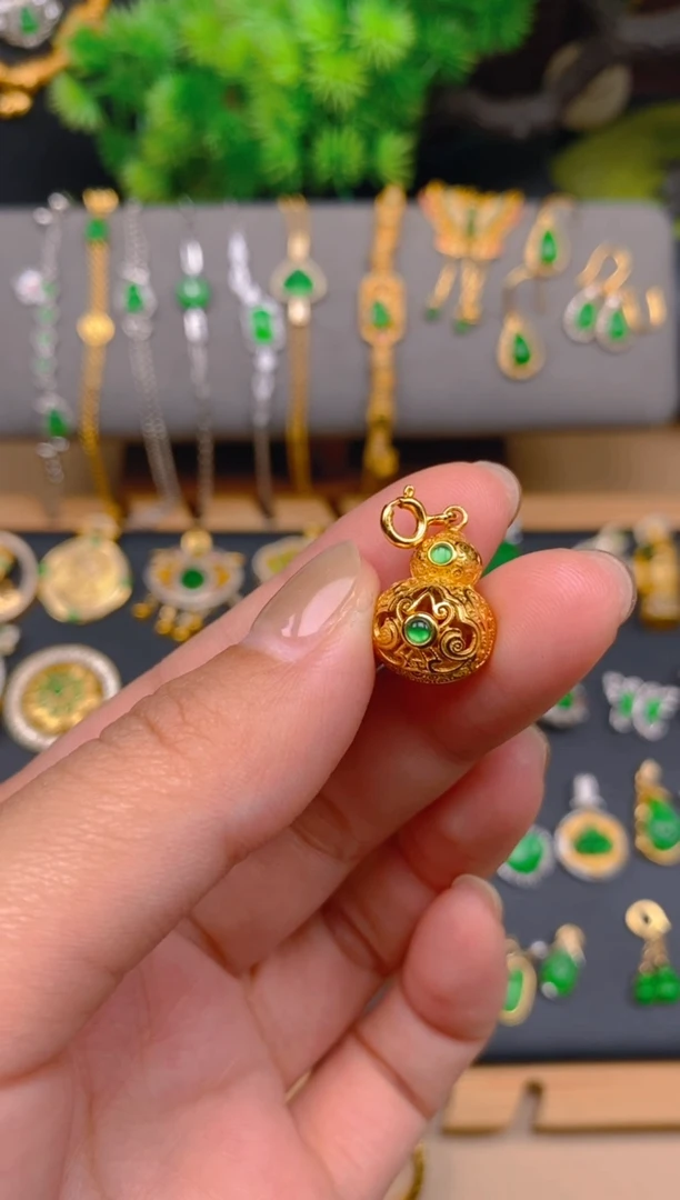 吊坠(不含链)银S925镶嵌翡翠花丝葫芦