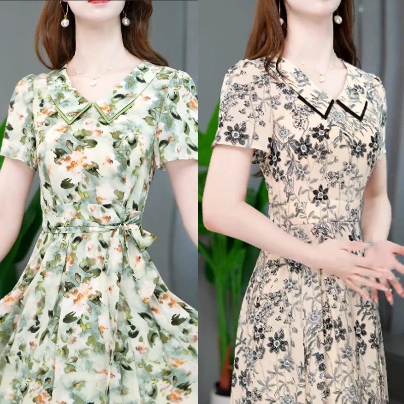 【新款25年夏季时尚短袖连衣裙女气质显瘦减龄中长款印花休闲裙子