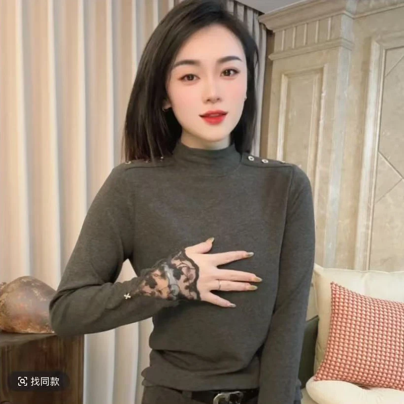 半高领蕾丝拼接袖扣上衣秋冬季2024新款宽松显瘦时尚打底纯色保暖