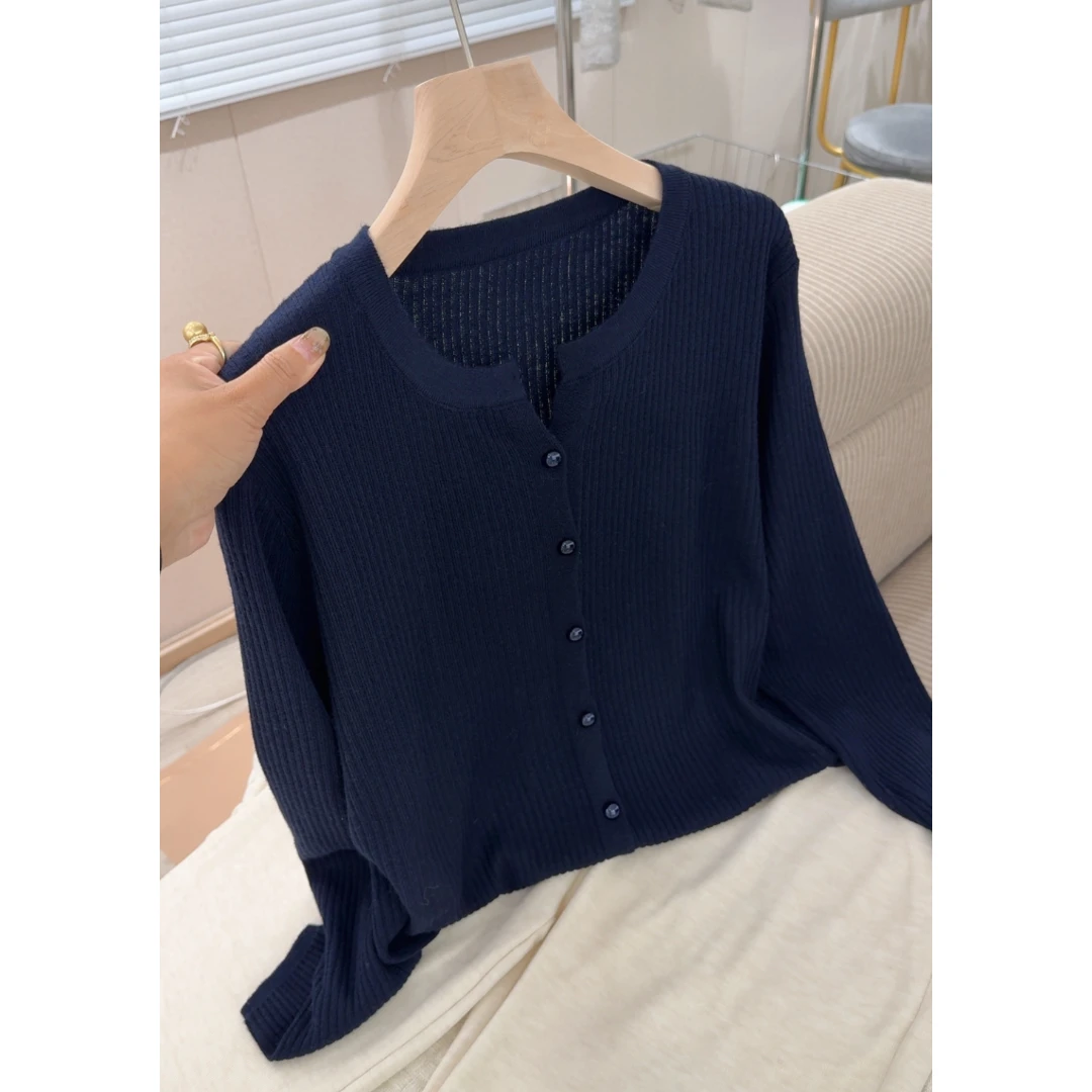 3426【金豆藏青剪刀领开衫】秋季新品抽条针织衫百搭女士上衣