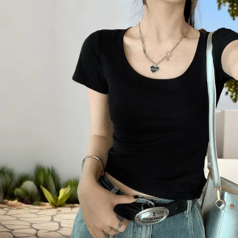 2025夏季新款210克时尚通勤洋气大领口短款纯色修身女短袖T恤