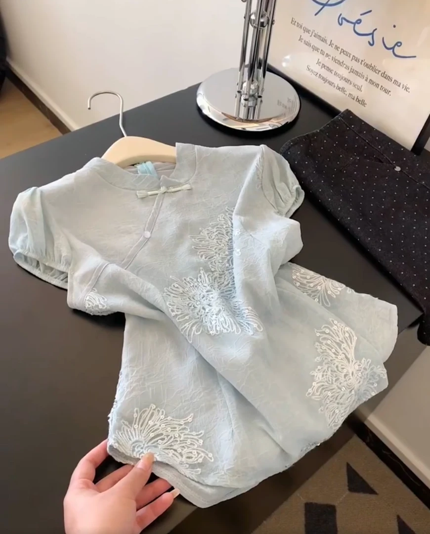 新中式蓝色提花短袖衬衫女夏季国风盘扣衬衣小飞袖旗袍领雪纺上衣