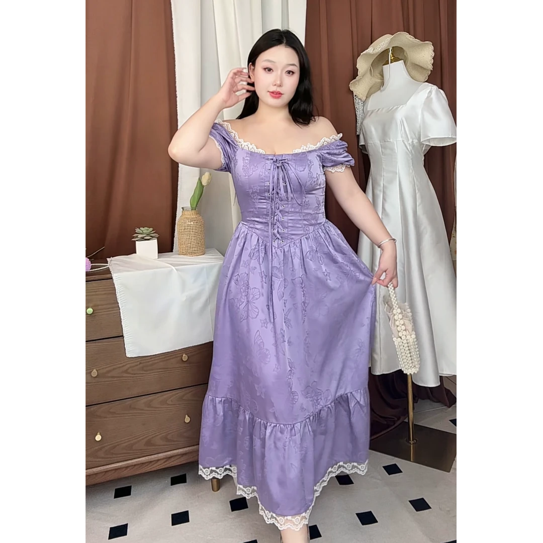 【羊羊】大码女装公主紫色蝴蝶提花蕾丝边收腰绑带少女连衣裙11642