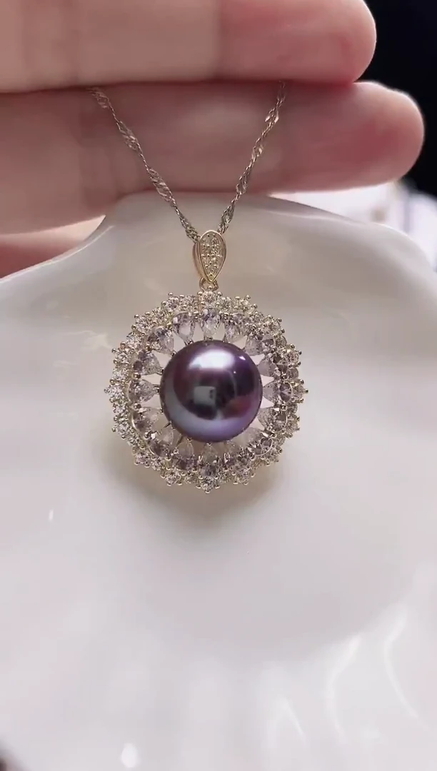 颈饰银S925镶嵌淡水珍珠淡水紫珠吊坠