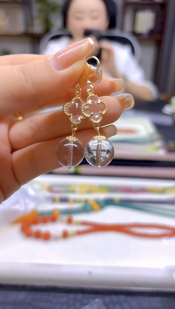 水晶耳饰14K金镶嵌DIY款E819