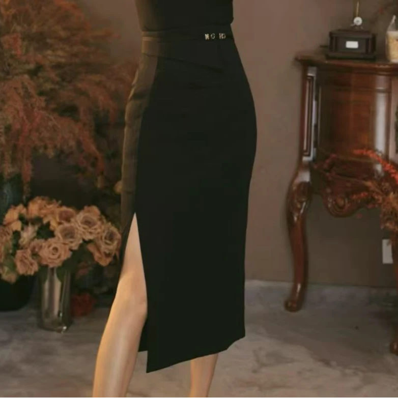 丁七969夏季新款法式气质开叉半身裙女高腰显瘦中长款a字裙包臀