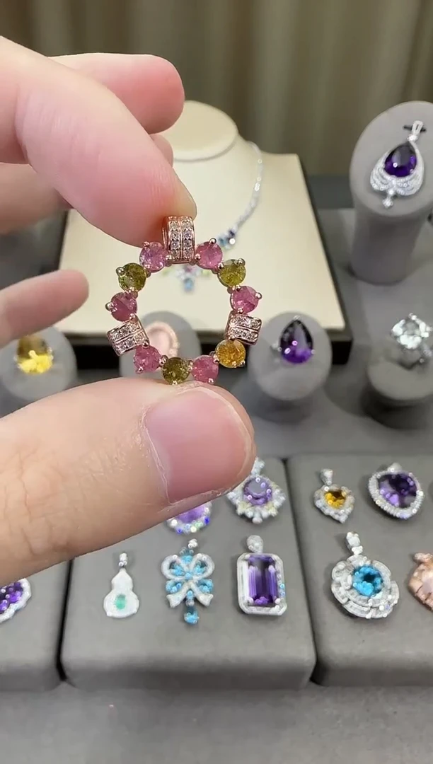 颈饰银S925镶嵌碧玺20mm甜甜圈吊坠设计款多样性发一