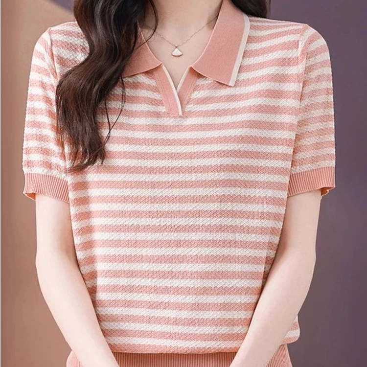 夏季天丝短袖T恤女士2025新款条纹翻领时尚短袖针织衫宽松t恤上衣