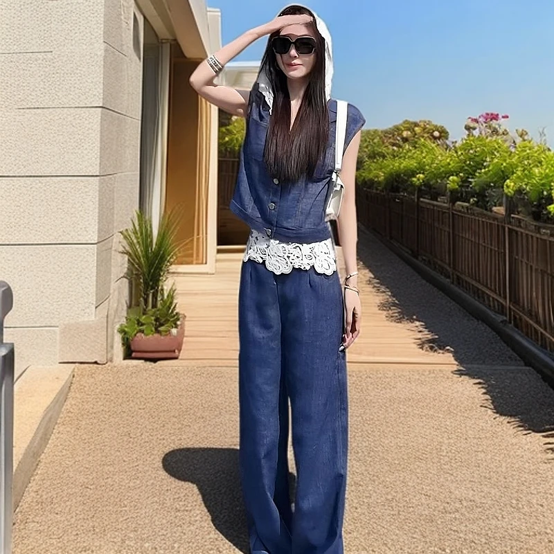 港风复古蓝色时尚套装2025新款女夏洋气蕾丝无袖上衣阔腿裤两件套