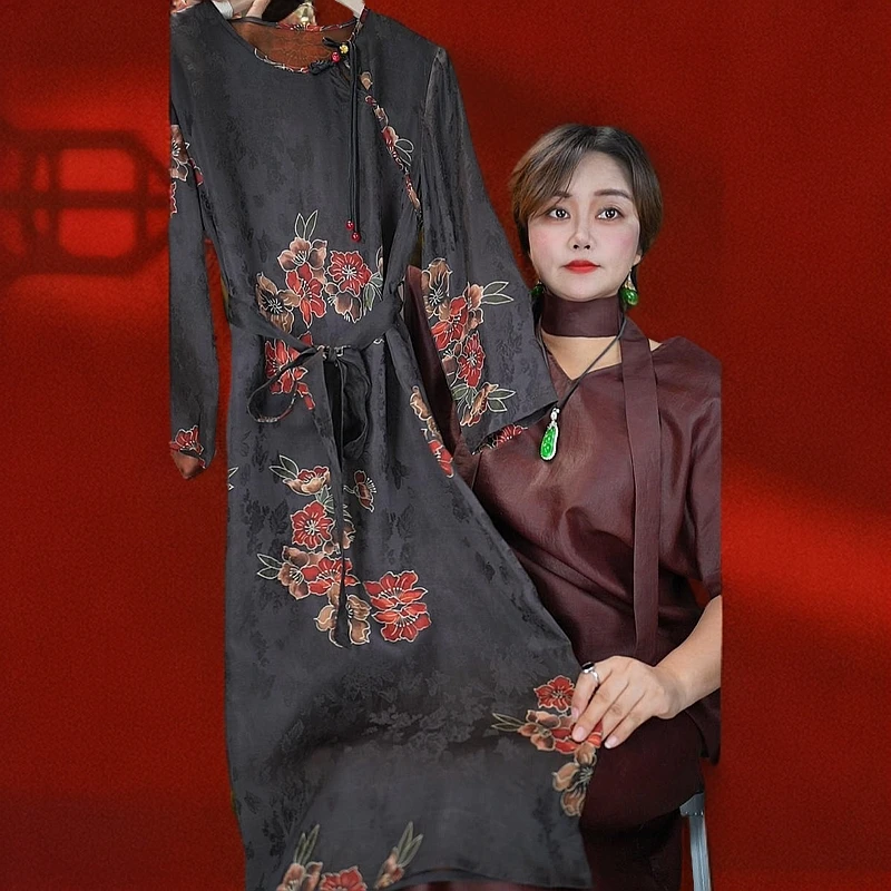 <<非遗美学>>T1294手绘海棠气质花萝香云老料连衣裙