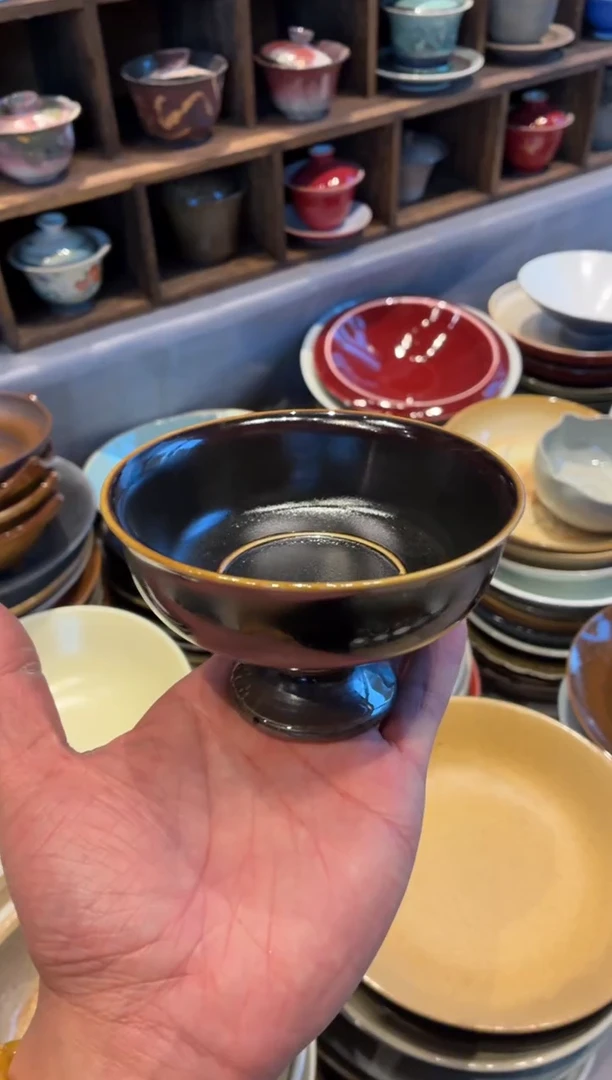 瓷片全量 4.5寸天目釉手工小高足